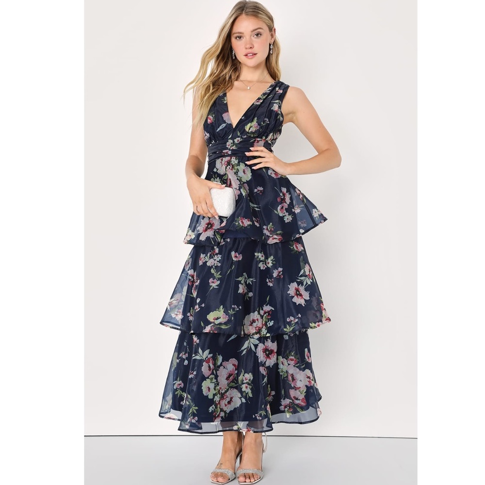 Lulus Molinetto Navy Floral Organza Midi Dress